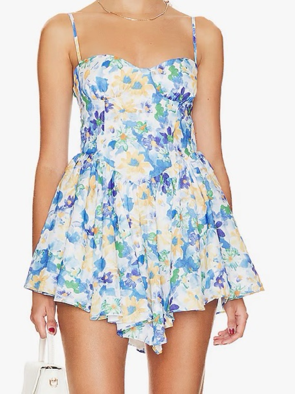Floral Midi Dress with Sweetheart Neckline in Blue and Yellow